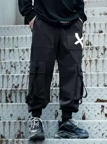 Manfinity EMRG Men Graphic Print Flap Pockets Straps Detail Cargo Trousers - Black - View 4