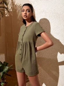 Áo liền quần nữ Nút phía trước màu trơn Giải trí - xanh quân đội - Xem 3