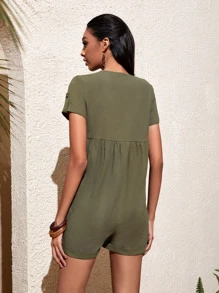 Áo liền quần nữ Nút phía trước màu trơn Giải trí - xanh quân đội - Xem 2