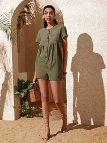 Áo liền quần nữ Nút phía trước màu trơn Giải trí - xanh quân đội - Xem 4