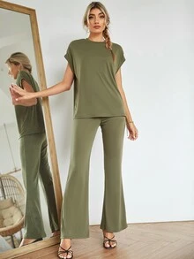 Batwing Sleeve Solid Top & Trousers Set