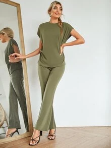 Batwing Sleeve Solid Top & Trousers Set