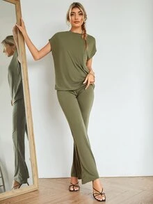 Batwing Sleeve Solid Top & Trousers Set