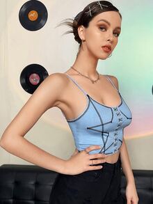 SHEIN Star Print Eye & Hook Crop Cami Top - Baby Blue - View 4