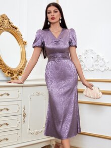 Modelyn 花卉圖案提花褶邊泡泡袖後綁帶緞面連衣裙 - 紫羅蘭色 - 查看 4