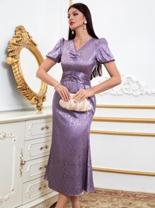 Modelyn 花卉圖案提花褶邊泡泡袖後綁帶緞面連衣裙 - 紫羅蘭色 - 查看 6