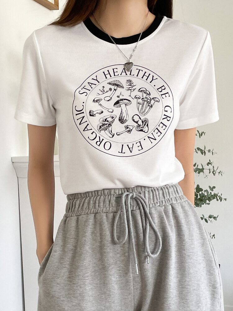 Mushroom & Slogan Graphic Contrast Trim Tee