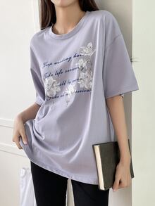 DAZY 標語和印花落肩T恤 - 紫丁香色 - 查看 2