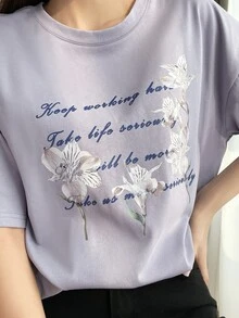 DAZY 標語和印花落肩T恤 - 紫丁香色 - 查看 3