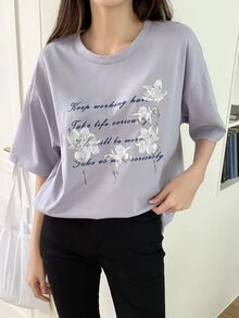 DAZY 標語和印花落肩T恤 - 紫丁香色 - 查看 6