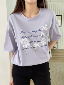 DAZY 標語和印花落肩T恤 - 紫丁香色 - 查看 7