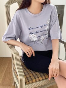 DAZY 標語和印花落肩T恤 - 紫丁香色 - 查看 8