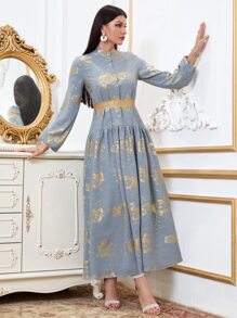 Modelyn 燙金花朵印花燈籠袖腰帶襯衫洋裝