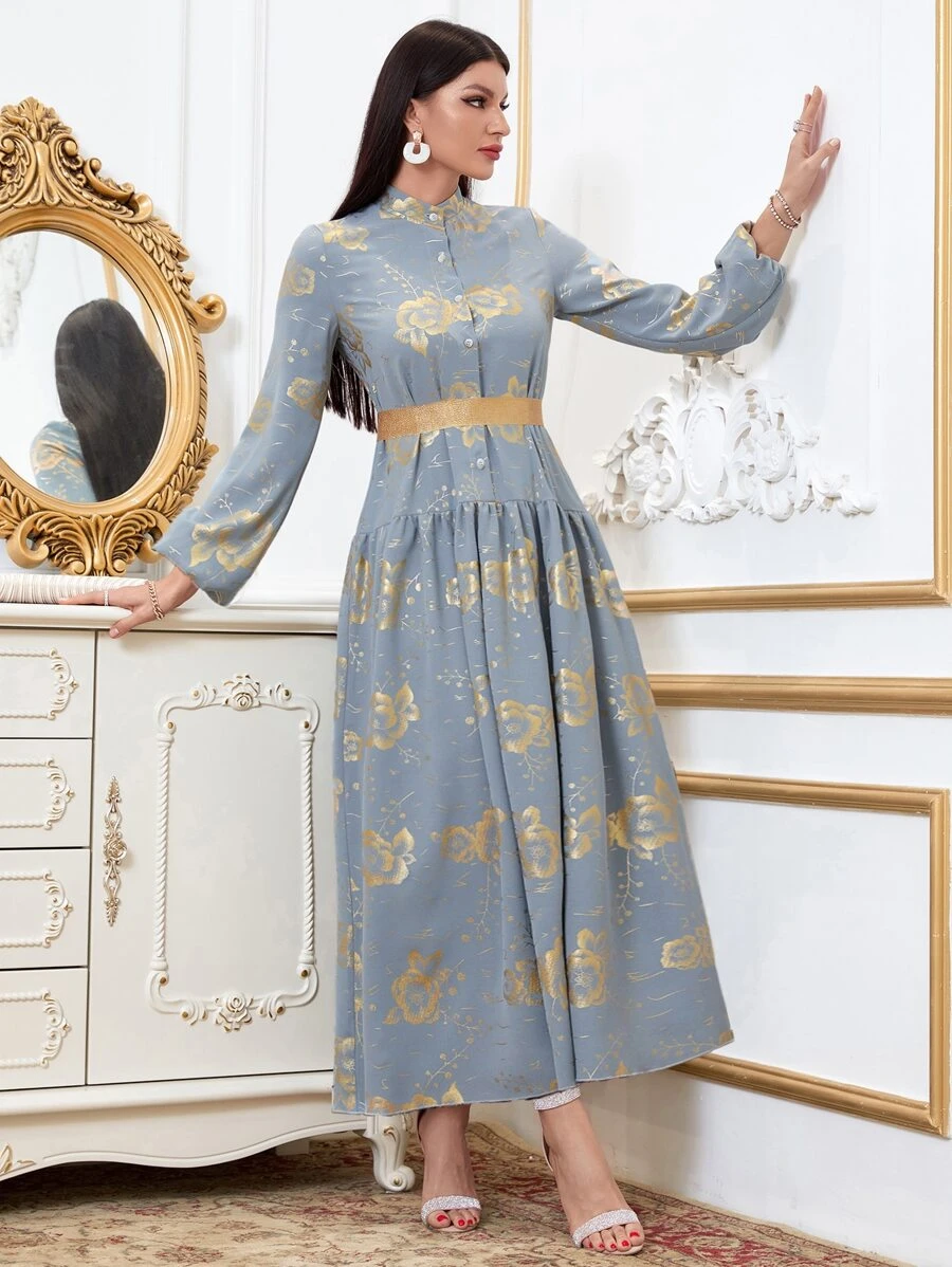 Modelyn 燙金花朵印花燈籠袖腰帶襯衫洋裝
