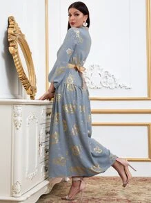 Modelyn 燙金花朵印花燈籠袖腰帶襯衫洋裝