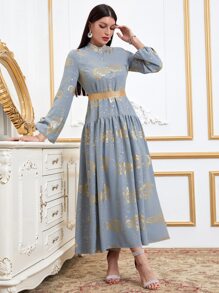 Modelyn 燙金花朵印花燈籠袖腰帶襯衫洋裝