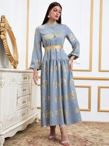 Modelyn 燙金花朵印花燈籠袖腰帶襯衫洋裝