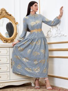 Modelyn 燙金花朵印花燈籠袖腰帶襯衫洋裝