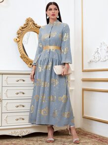 Modelyn 燙金花朵印花燈籠袖腰帶襯衫洋裝