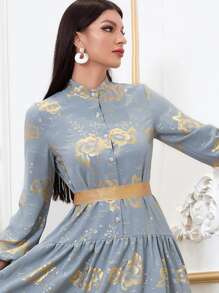 Modelyn 燙金花朵印花燈籠袖腰帶襯衫洋裝