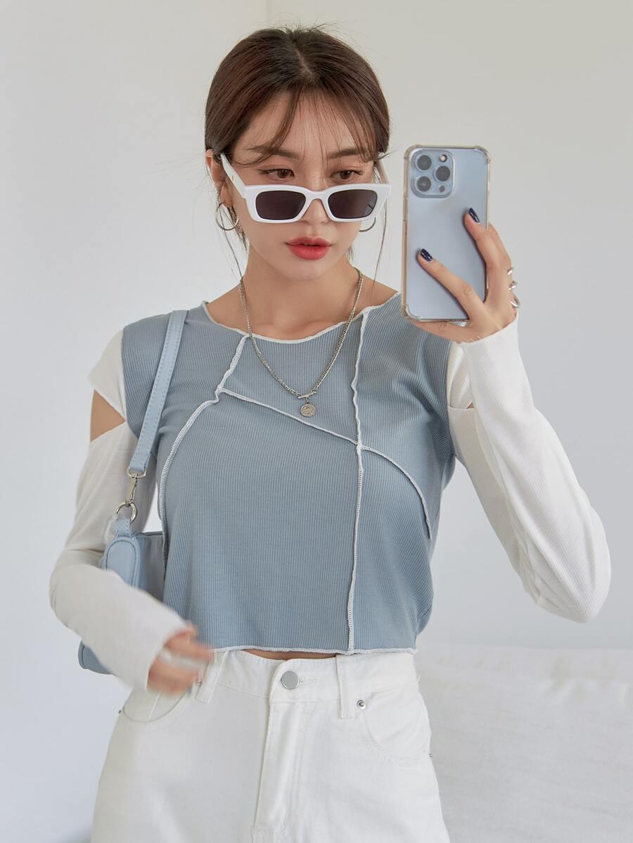 DAZY 鏤空頂針螺紋針織短款T恤 - 霧霾藍 - 查看 1