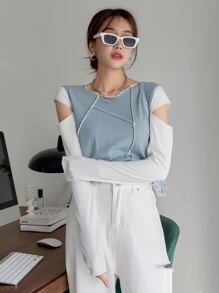 DAZY 鏤空頂針螺紋針織短款T恤 - 霧霾藍 - 查看 2