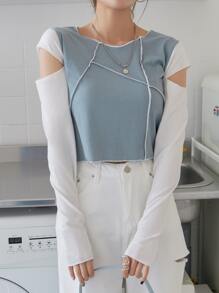 DAZY 鏤空頂針螺紋針織短款T恤 - 霧霾藍 - 查看 3