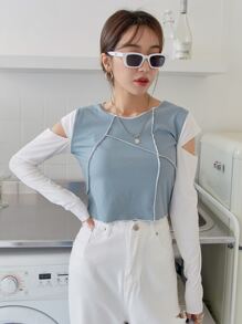 DAZY 鏤空頂針螺紋針織短款T恤 - 霧霾藍 - 查看 4