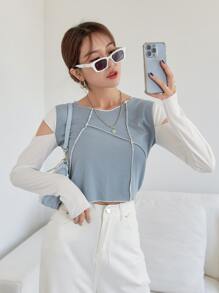 DAZY 鏤空頂針螺紋針織短款T恤 - 霧霾藍 - 查看 5