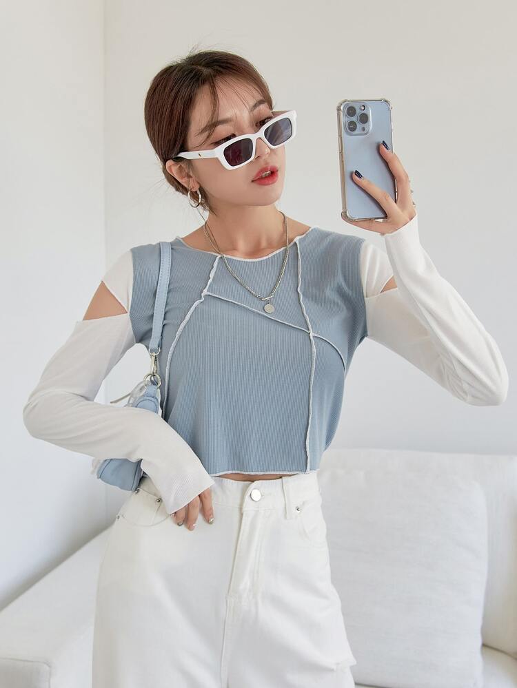 DAZY Camiseta corta con abertura con puntada tejido de canalé - Neblina azul - Añade 5