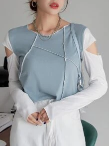 DAZY 鏤空頂針螺紋針織短款T恤 - 霧霾藍 - 查看 6