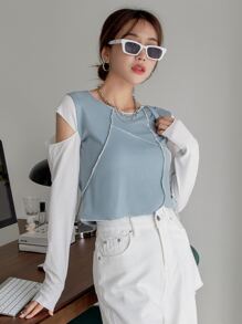 DAZY 鏤空頂針螺紋針織短款T恤 - 霧霾藍 - 查看 7