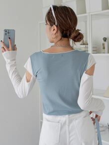 DAZY 鏤空頂針螺紋針織短款T恤 - 霧霾藍 - 查看 8