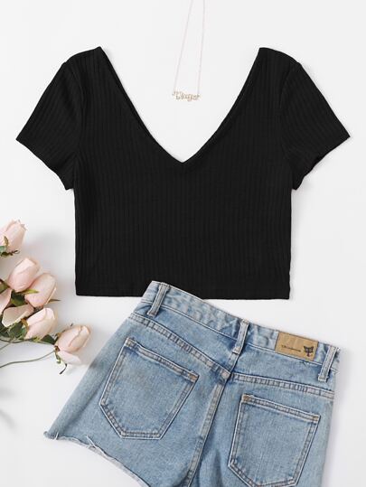Plus Double V-Neck Rib-knit Top