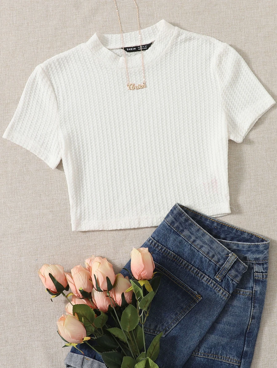 SHEIN 大碼羅紋針織素色T恤 - 白色 - 查看 1