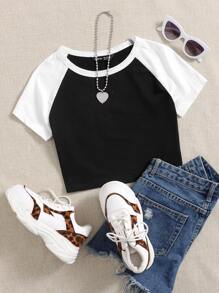 SHEIN EZwear Plus Colorblock Raglan Sleeve Top - Black - View 1