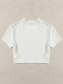 SHEIN 大碼羅紋針織素色T恤 - 白色 - 查看 2