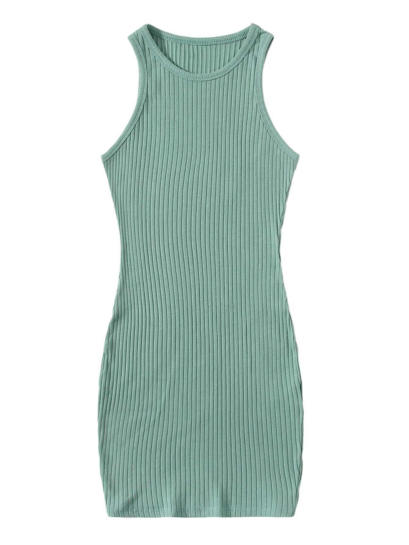 SHEIN EZwear Plus Solid Rib-knit Tank Dress - Mint Green - View 1