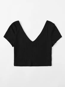 SHEIN EZwear Áo thun Plus size Gân đan màu trơn Giải trí - màu đen - Xem 2