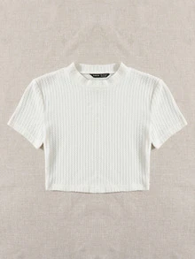 SHEIN 大碼羅紋針織素色T恤 - 白色 - 查看 3