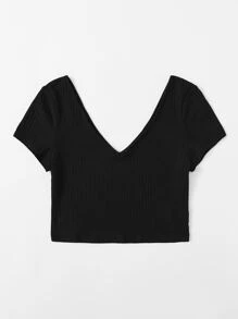 SHEIN EZwear Áo thun Plus size Gân đan màu trơn Giải trí - màu đen - Xem 3