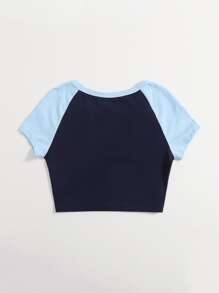 Muchica Camiseta corta con estampado letra & béisbol de manga raglán - Azul - Ver 2