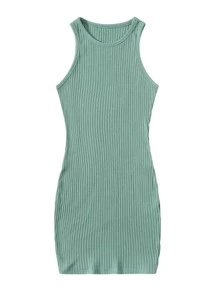 SHEIN EZwear Plus Solid Rib-knit Tank Dress - Mint Green - View 4