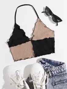 SHEIN EZwear 小褶邊拼色繞頸上衣 - 彩色 - 查看 1
