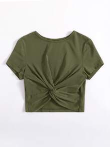 SHEIN Unity 大碼扭結細節素色T恤 - 軍綠色 - 查看 3