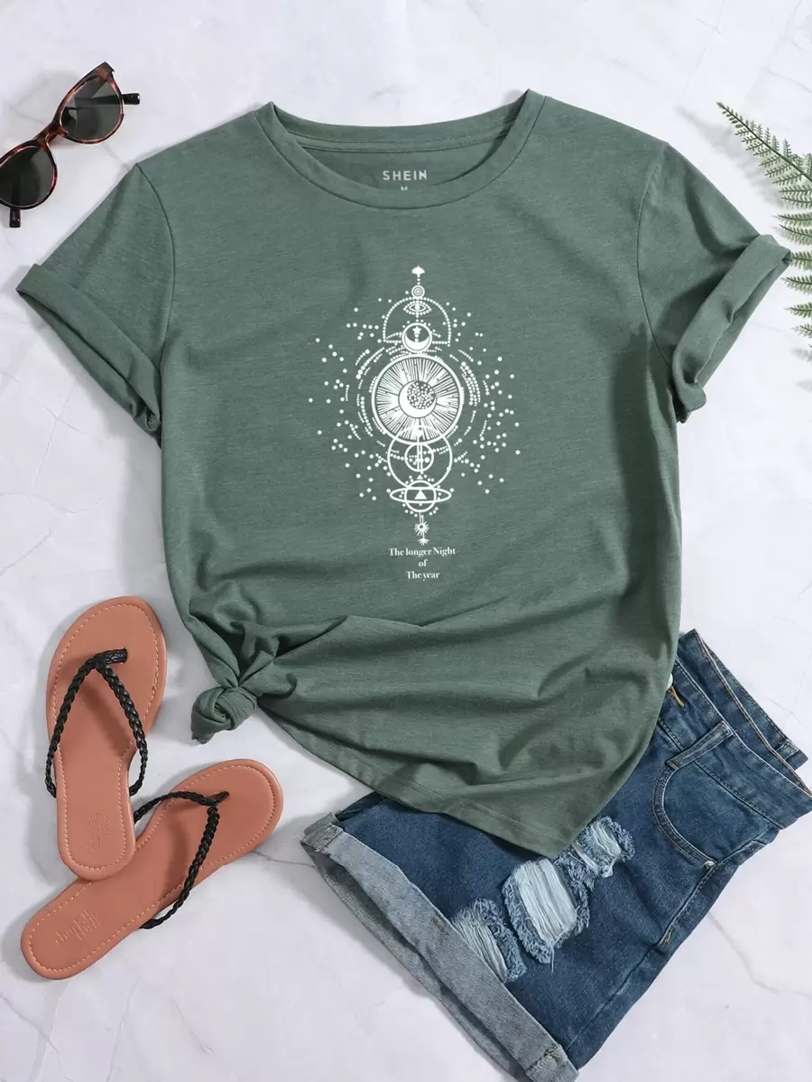 Áo thun nữ Đồ họa Slogan Giải trí - Màu xanh lá cây đậm - Xem 1