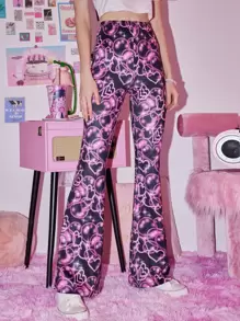 ROMWE Heart & Bubble Flare Leg Pants - Multicolor - View 1