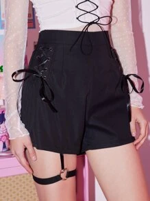 ROMWE Kawaii Lace Up Shorts - Black - View 4
