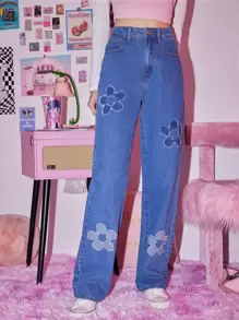 ROMWE Vaqueros con bordado floral - Azul lavado medio - Ver 1