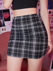 ROMWE Falda de cuadros fruncido - Blanco y Negro - Ver 3